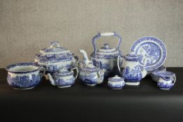 A collection of early blue and white transfer design Chinese Willow and landscape pattern pieces,