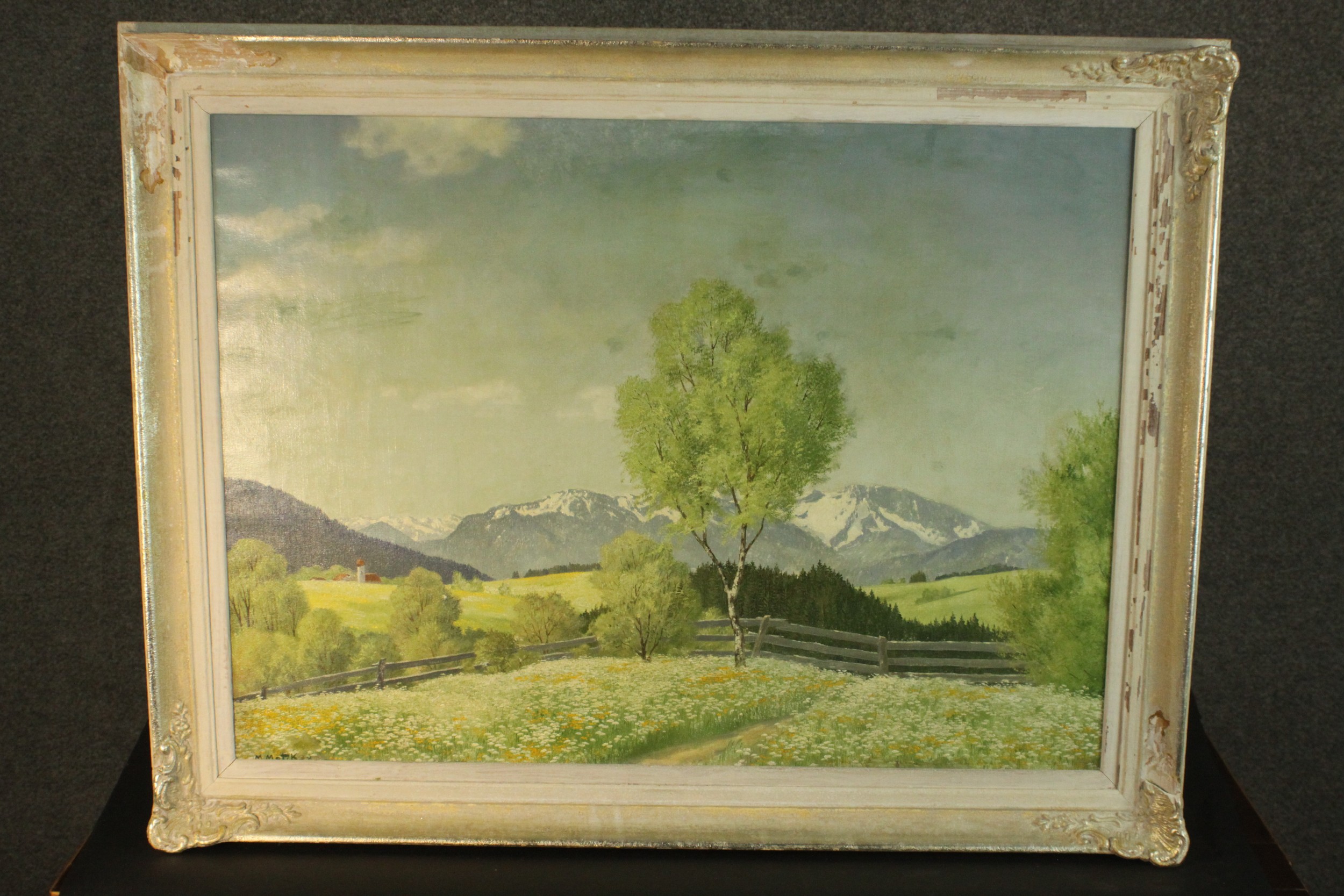 An oil on canvas, landscape with mountains in the distance, in ornate frame, indistinctly signed. - Image 2 of 6