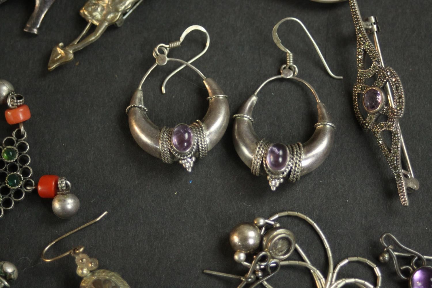 A large collection of silver and gemset jewellery, including amethyst and silver earrings, a pair of - Image 4 of 8