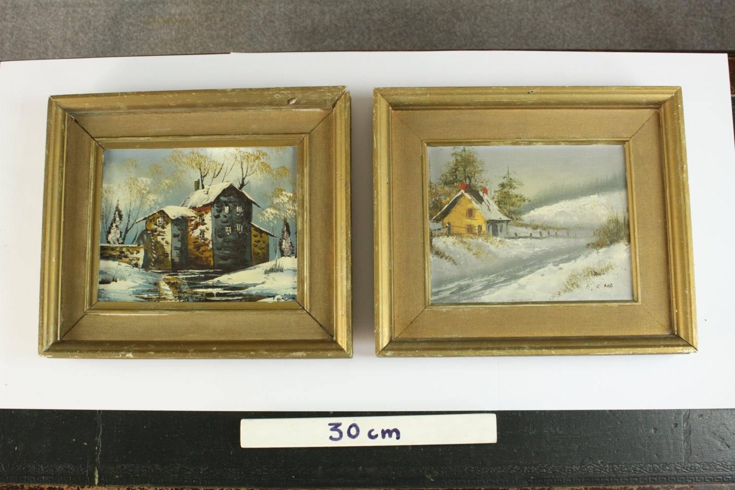 Dutch school, two winter landscapes Water Mill and Yellow House, oil on canvas, signed indistinctly. - Image 2 of 8