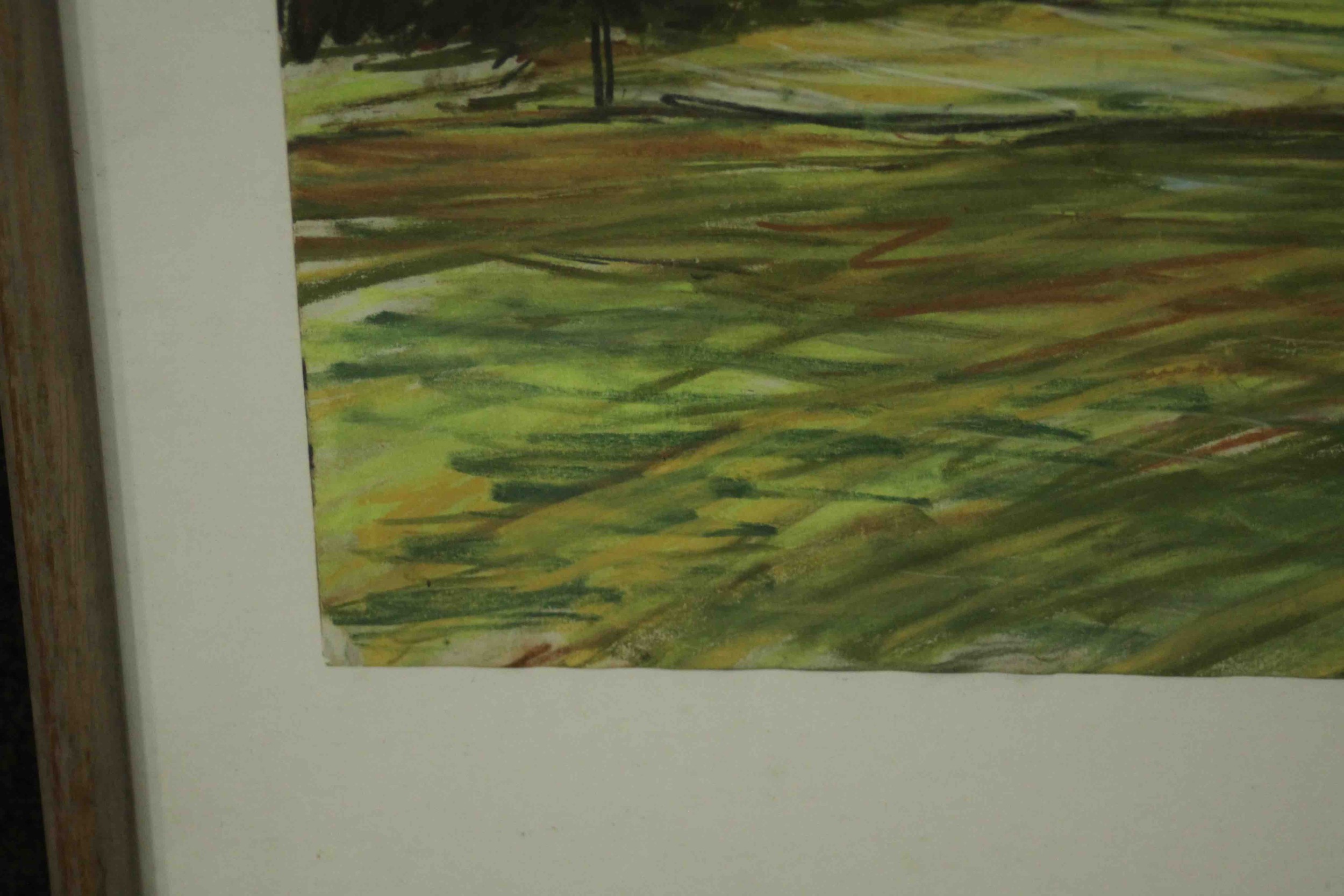 A framed and glazed oil pastel landscape, unsigned. H.56 W.46cm - Image 3 of 6
