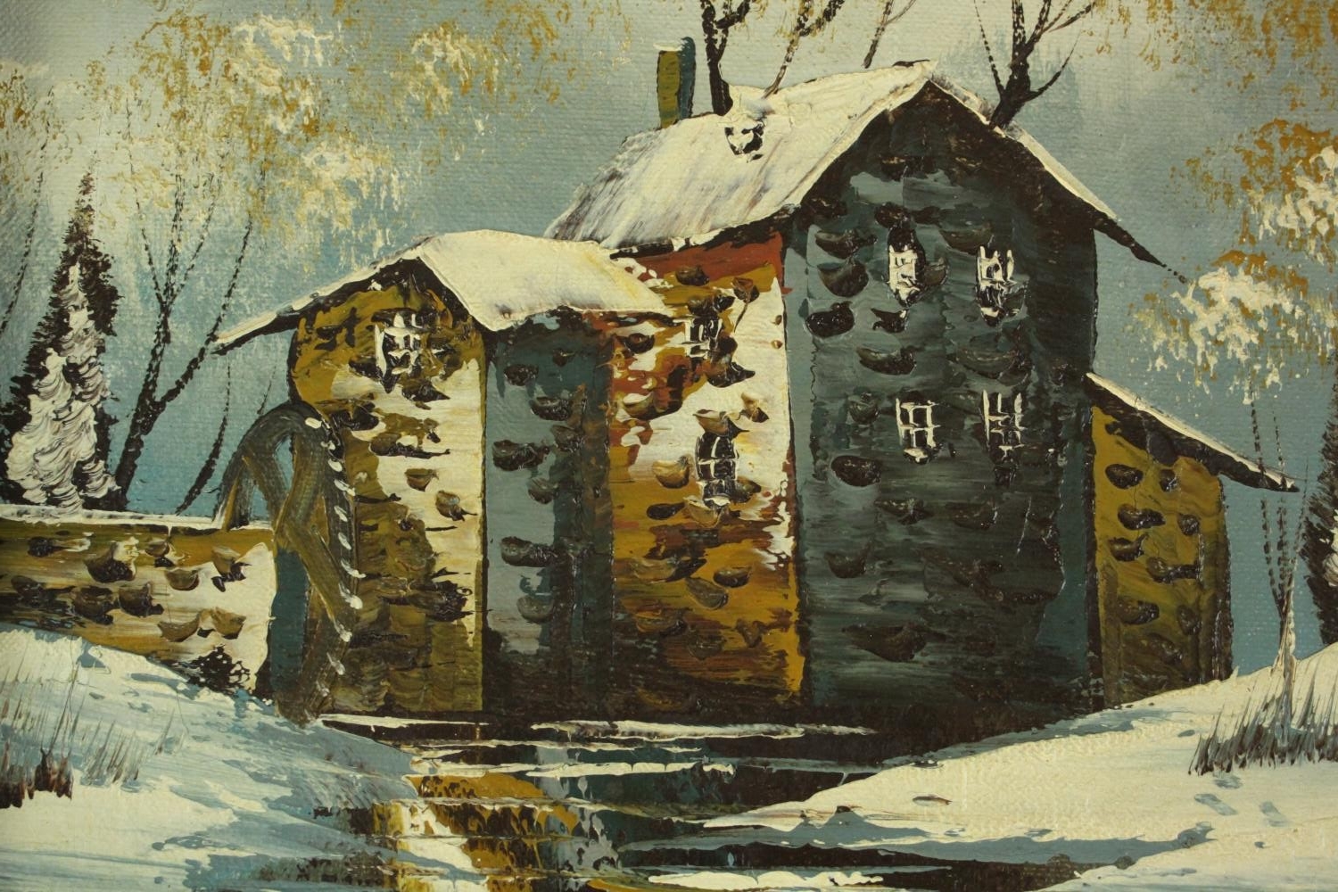 Dutch school, two winter landscapes Water Mill and Yellow House, oil on canvas, signed indistinctly. - Image 3 of 8