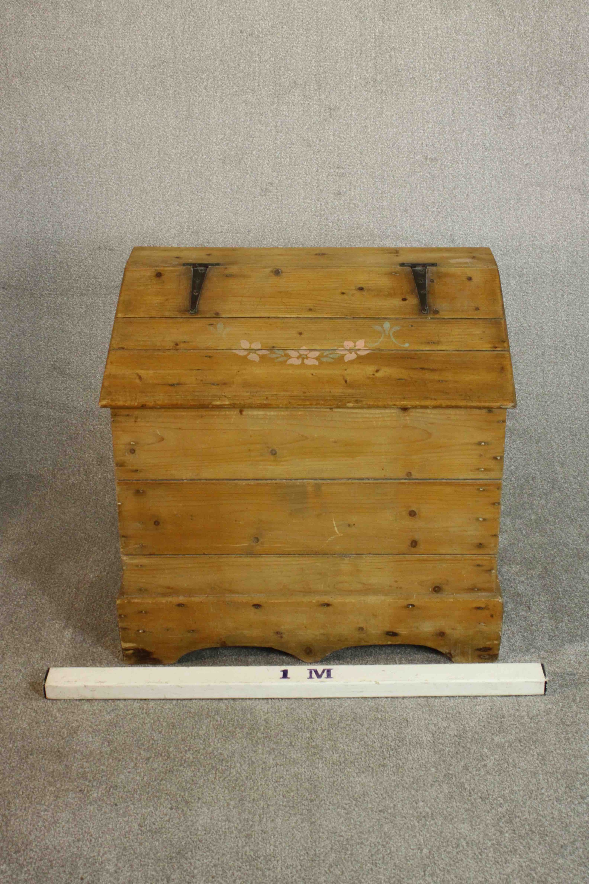 A Continental pine trunk, of plank form with a sloped lid and iron hinges on a shaped plinth base. - Image 2 of 7