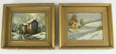 Dutch school, two winter landscapes Water Mill and Yellow House, oil on canvas, signed indistinctly.