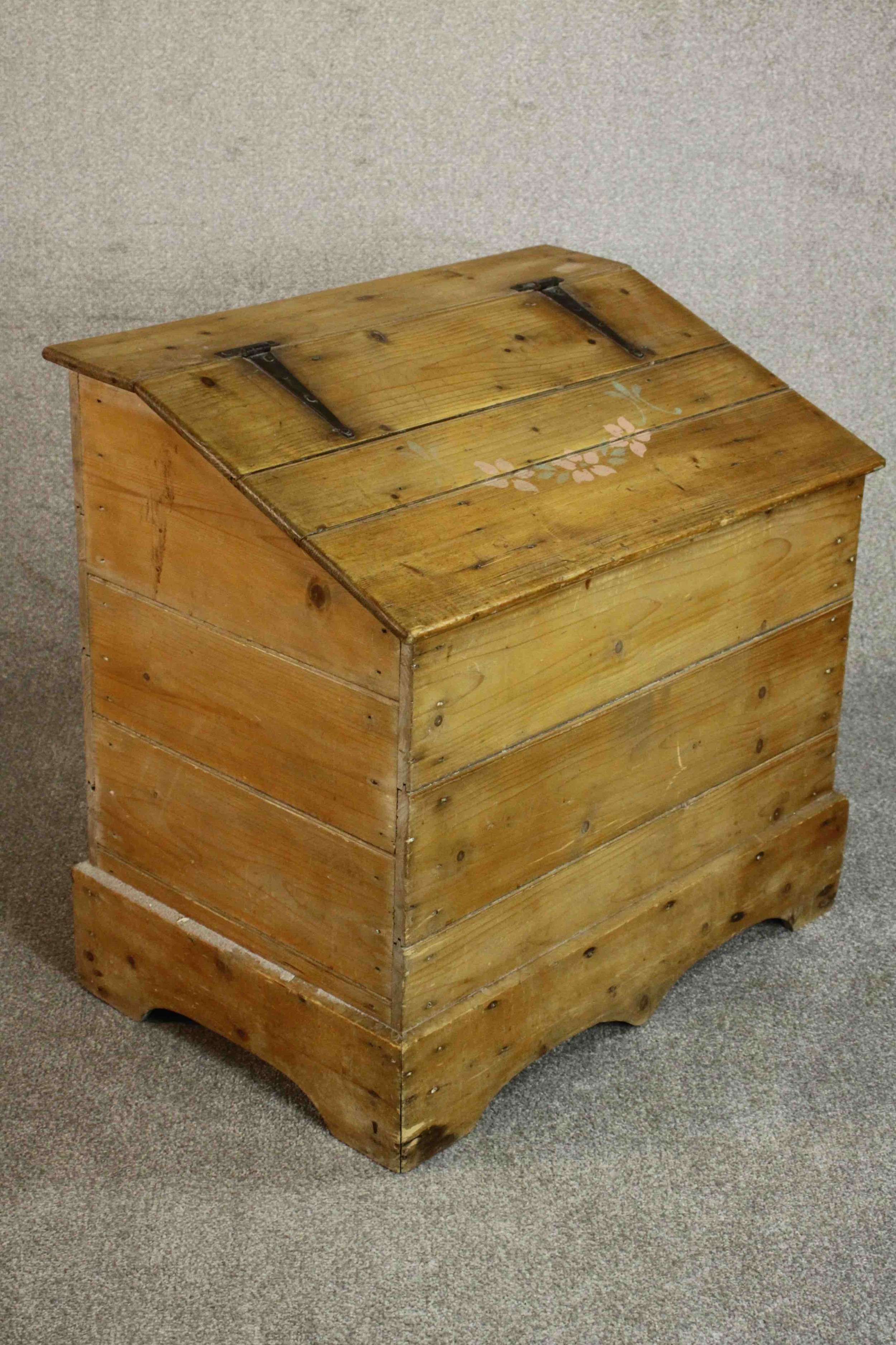 A Continental pine trunk, of plank form with a sloped lid and iron hinges on a shaped plinth base. - Image 5 of 7