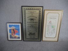 A pen and watercolour design for a vintage theatre programme, signed, a vintage theatre poster and a