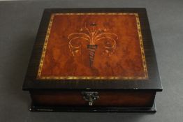 A marquetry jewellery box full of costume jewellery, including a hematite and carnelian necklace,