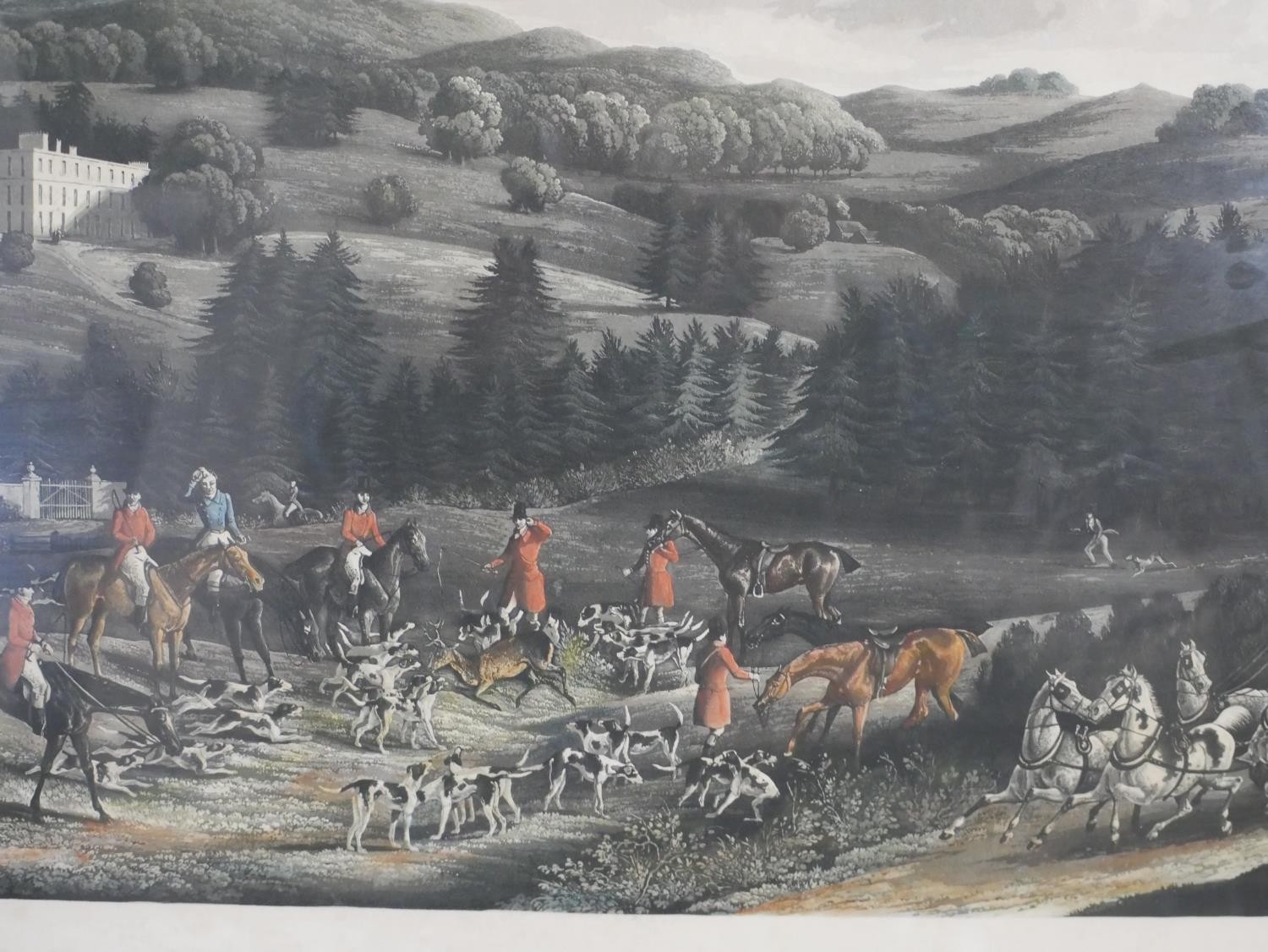 A 19th century hand coloured engraving of a hunting scene, Casse au cerf. H.54 W.72cm.