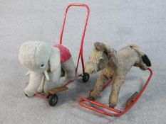 A Lines Bros (Ireland) Ltd plush rocking horse on a red painted tubular steel frame, bearing