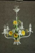 A 20th century French Toleware chandelier decorated to the centre with brightly painted sunflowers