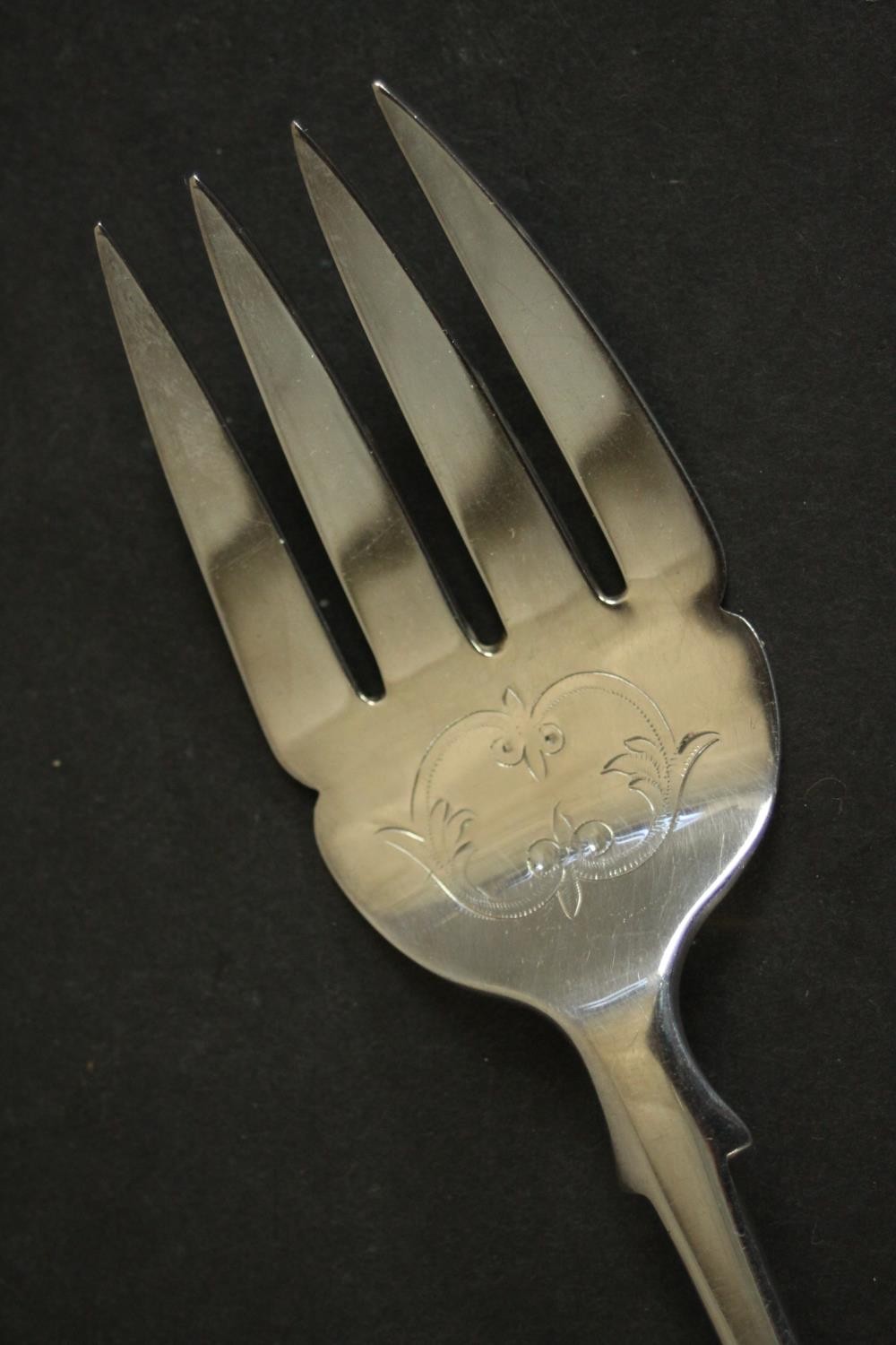 A Victorian engraved silver fish knife and fork serving set by Charles Boynton decorated with a - Image 3 of 6