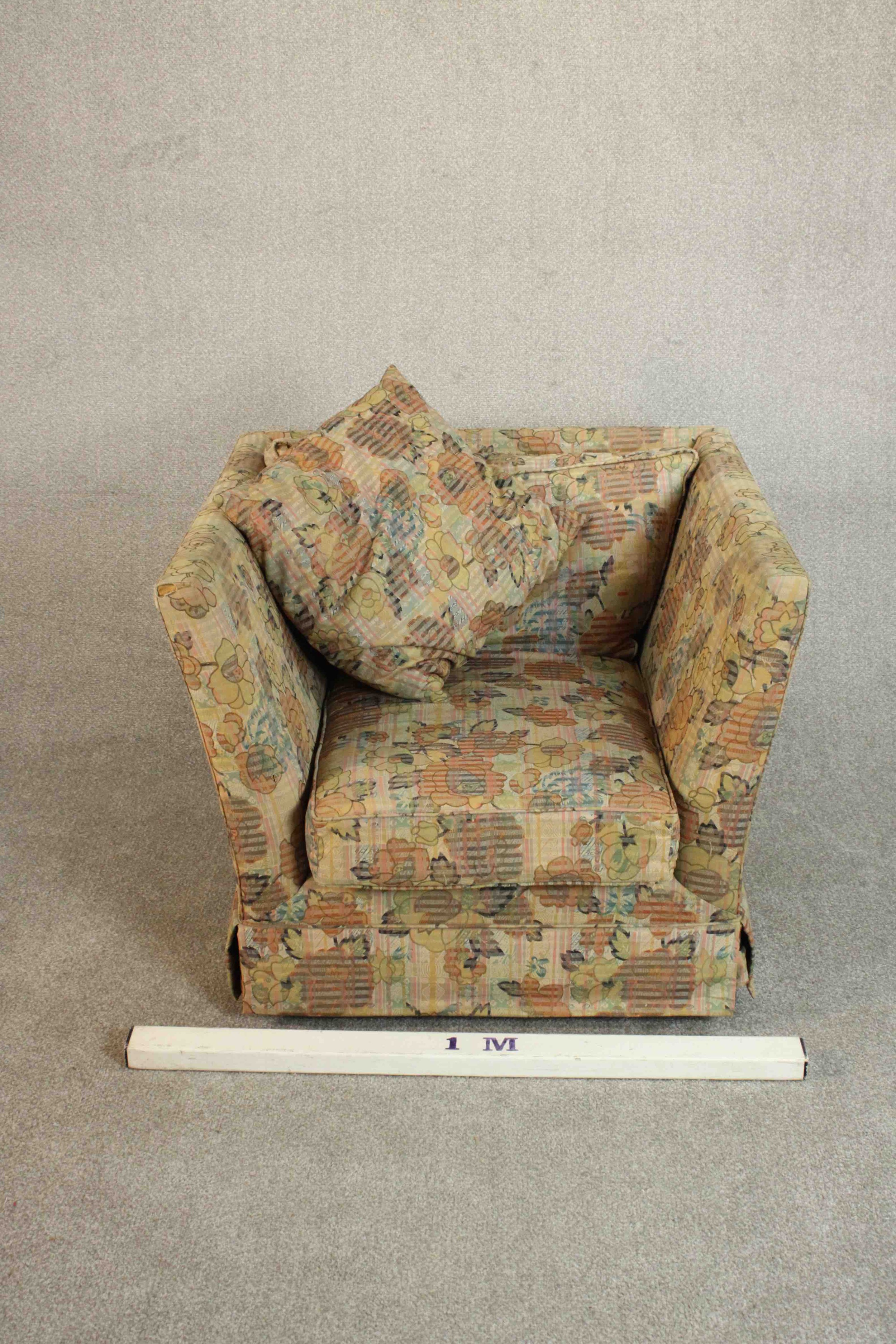 A late 20th century Knole style armchair, upholstered in polychrome foliate fabric. H.70 W.90 D. - Image 2 of 9