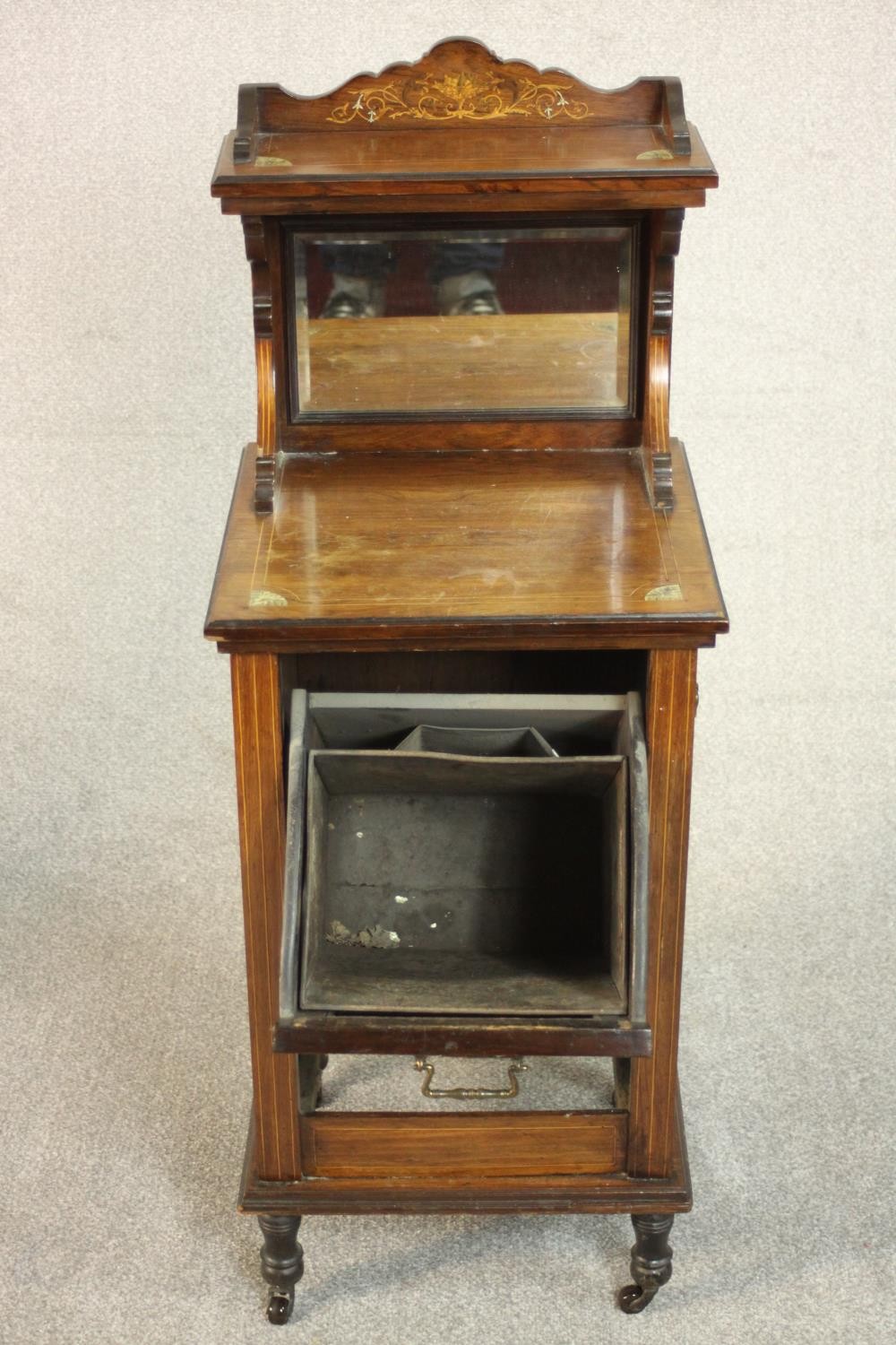 A late Victorian rosewood coal purdonium with satinwood and bone inlaid fall front revealing metal - Image 3 of 8