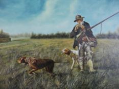 A large gilt framed 20th century oil on canvas of a hunter with his dogs, unsigned. H.103 W.132cm