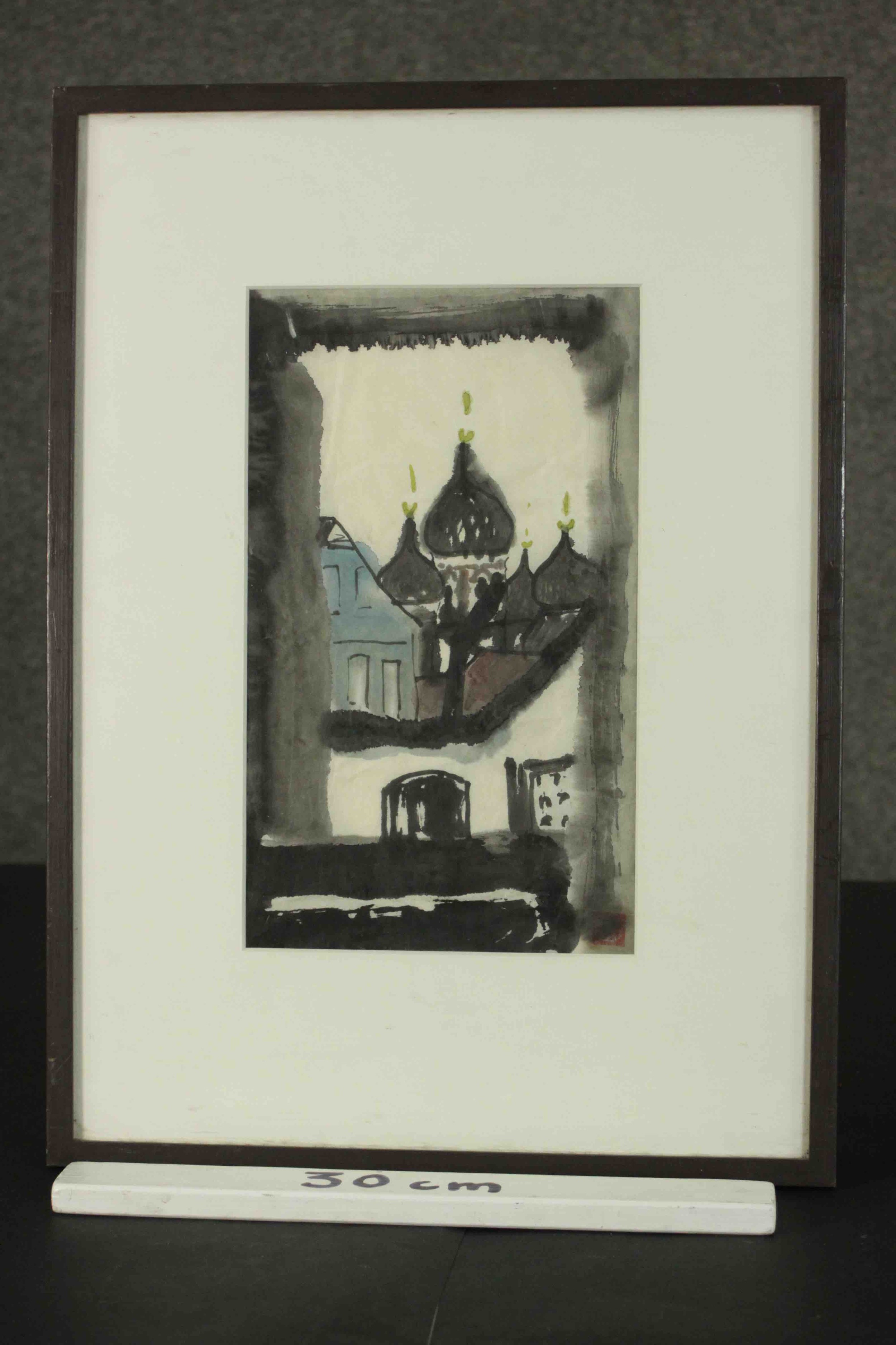 A framed and glazed watercolour of Russian rooftops, with red artist's seal. H.48 W.35cm. - Image 3 of 6