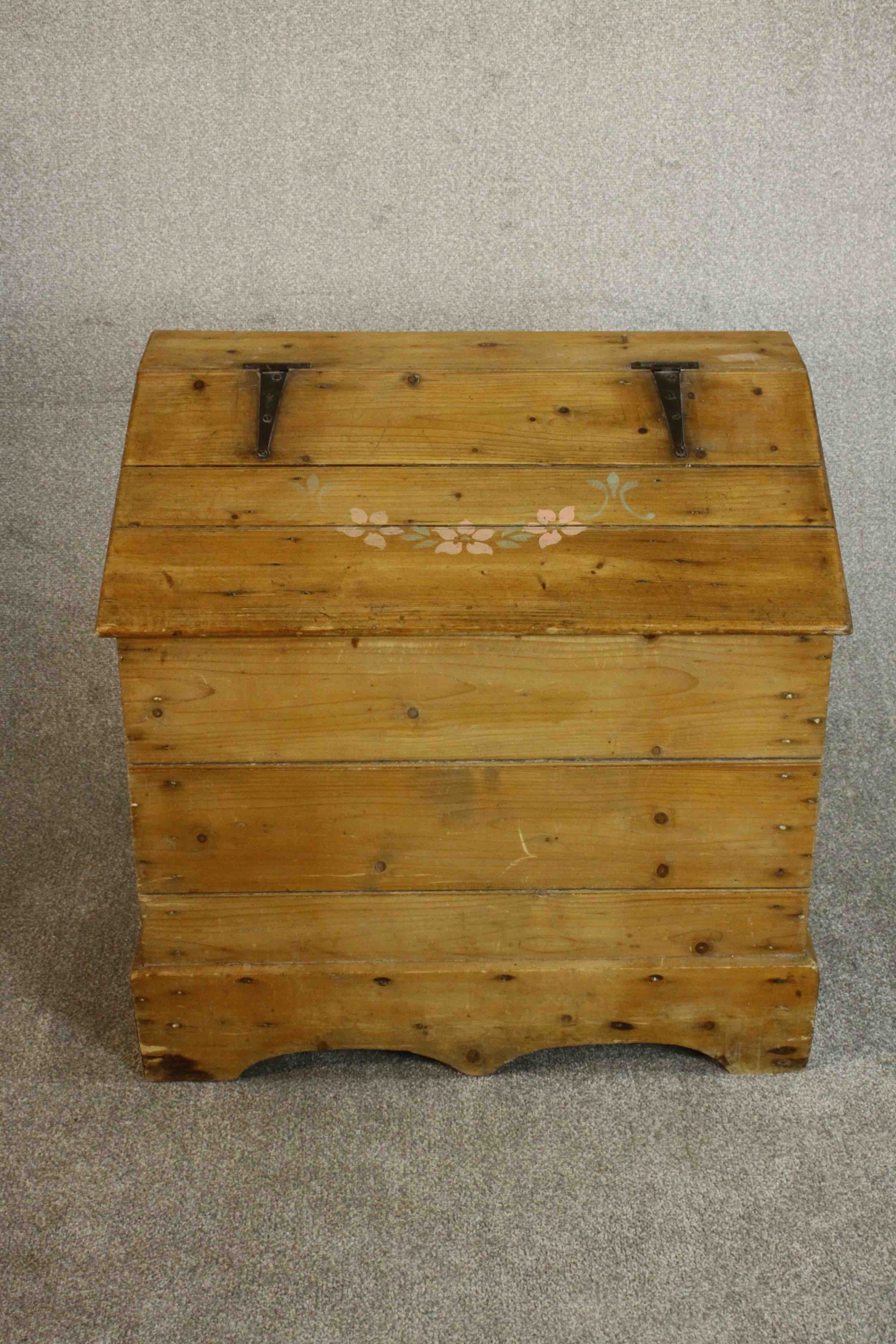 A Continental pine trunk, of plank form with a sloped lid and iron hinges on a shaped plinth base.
