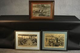 Three framed and glazed 19th century engravings: playing quoits on a boat, a boat in a storm and