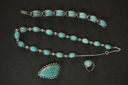 A collection of 1960's South African Sterling silver and Amazonite jewellery, including a necklace