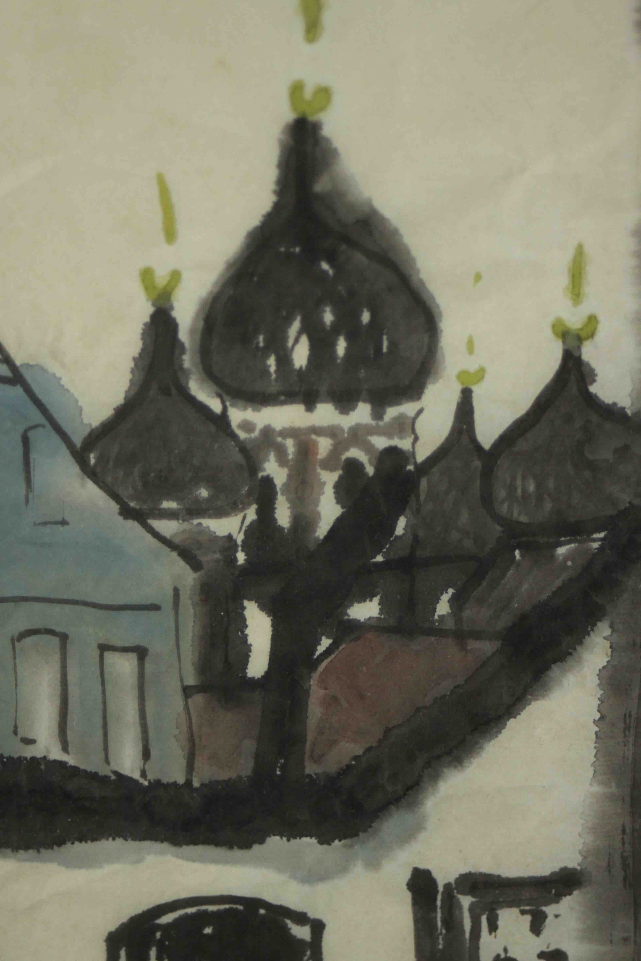 A framed and glazed watercolour of Russian rooftops, with red artist's seal. H.48 W.35cm.