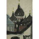 A framed and glazed watercolour of Russian rooftops, with red artist's seal. H.48 W.35cm.