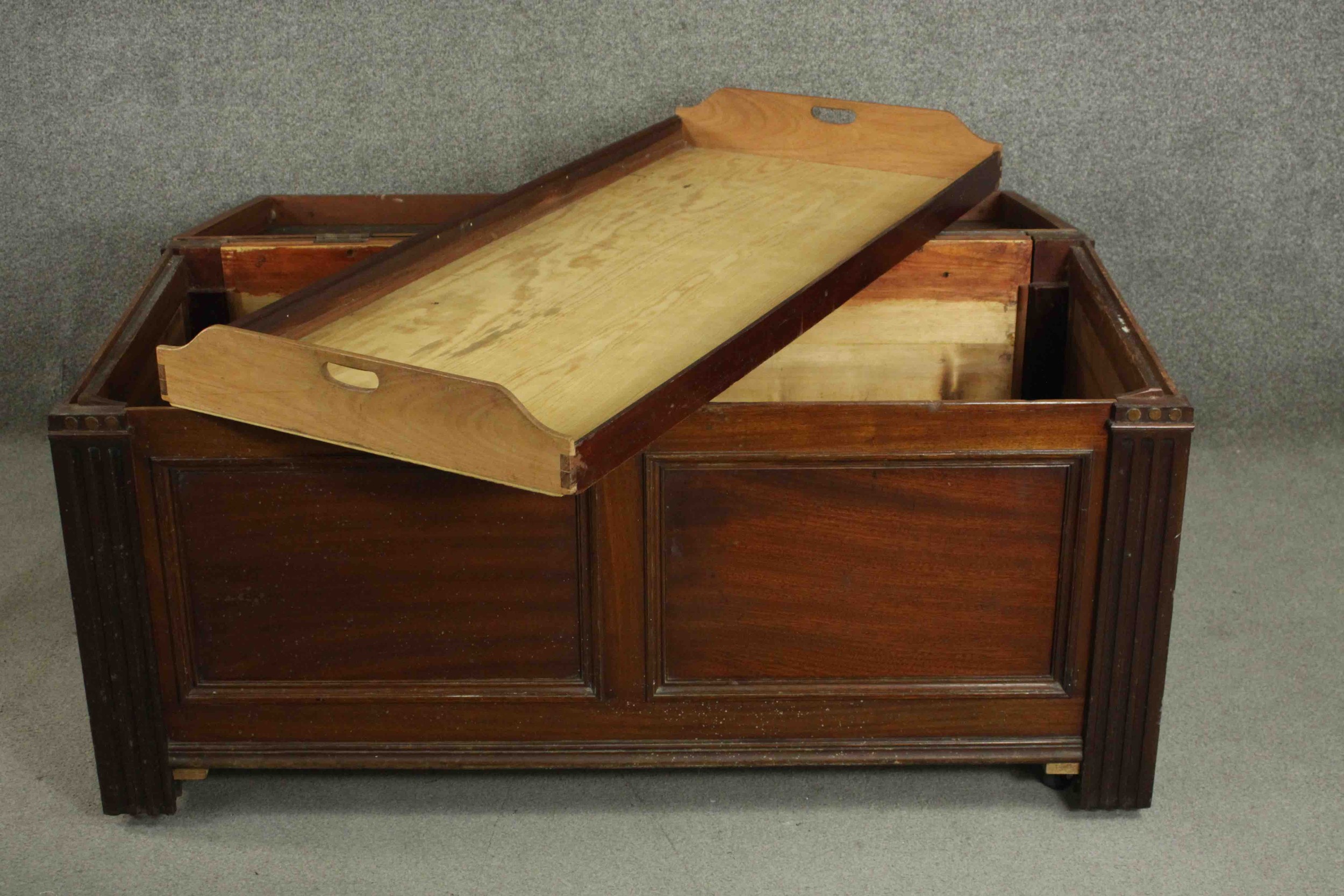 A 19th century mahogany coffer, of rectangular form, the top with a moulded edge, the panelled - Image 4 of 6