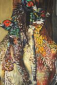 A gilt framed oil on canvas of two hanging pheasants, indistinctly signed. H.67 W.36cm.