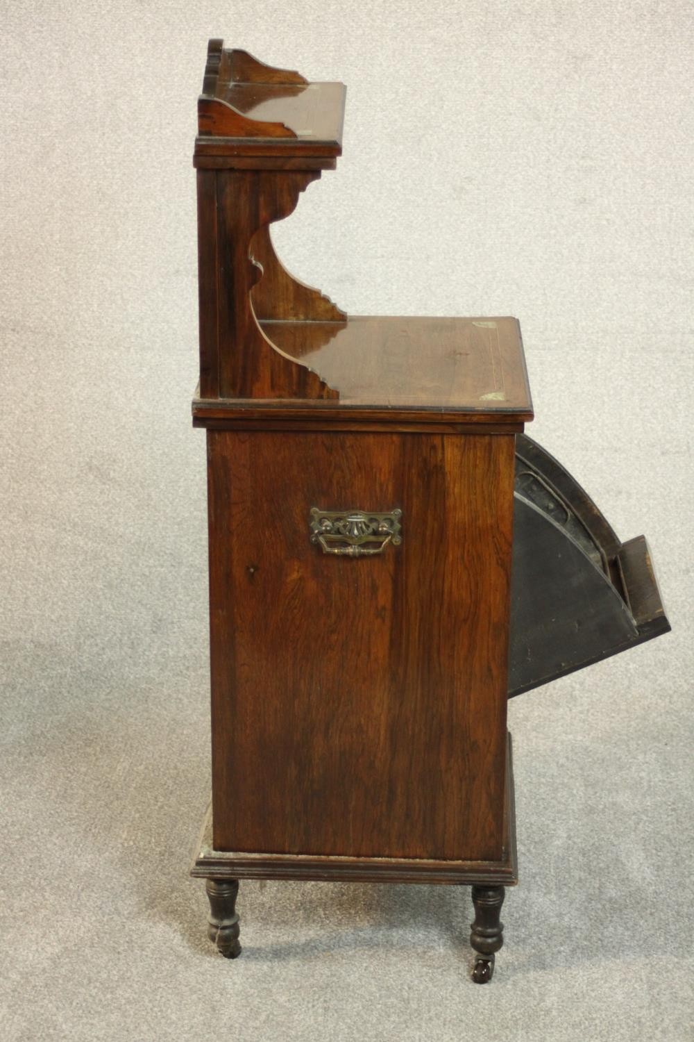 A late Victorian rosewood coal purdonium with satinwood and bone inlaid fall front revealing metal - Image 5 of 8