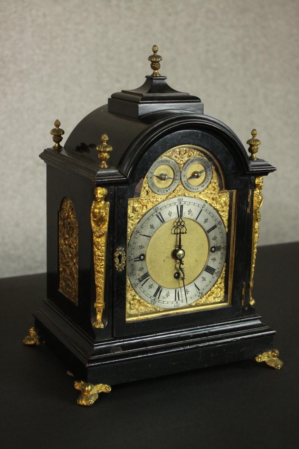 A late 19th Century George III style ebonised cased bracket clock, the arch dial incorporating a - Image 4 of 8