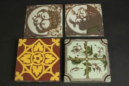 Four 19th century hand painted tiles, one by Minton, each with various designs. L.15 W.15cm. (