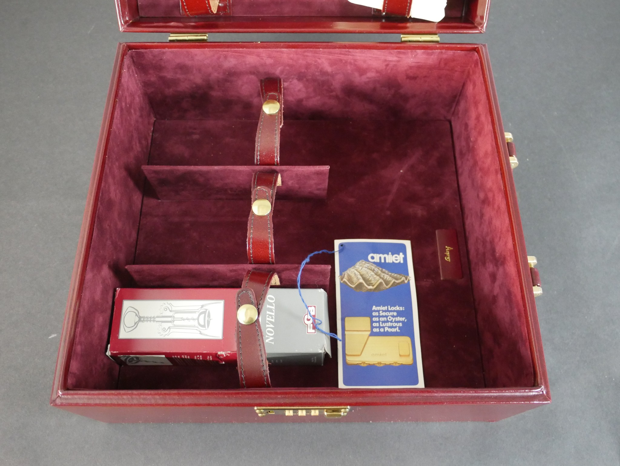 A boxed Asprey of London wine red leather travelling drinks case with four frosted glass - Image 6 of 8