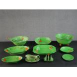 A group of Crown Devon cabbage leaf items, including a salad bowl, salad tongs, a toast rack, a