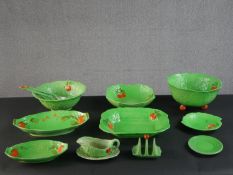 A group of Crown Devon cabbage leaf items, including a salad bowl, salad tongs, a toast rack, a