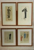 Four framed and glazed vintage fashion design prints. Each showing different outfits or fashion