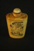 A Japanese vintage erotic design carved bone snuff bottle with stopper. H.8 W.5 D.4cm.