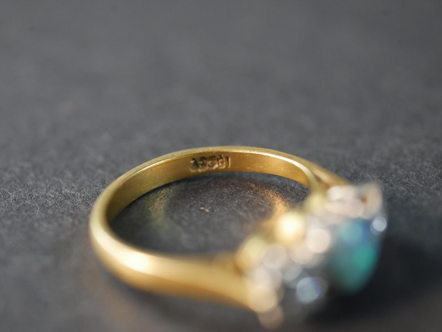An 18 carat yellow gold and platinum Edwardian opal and diamond three stone ring, set to centre with - Image 5 of 5