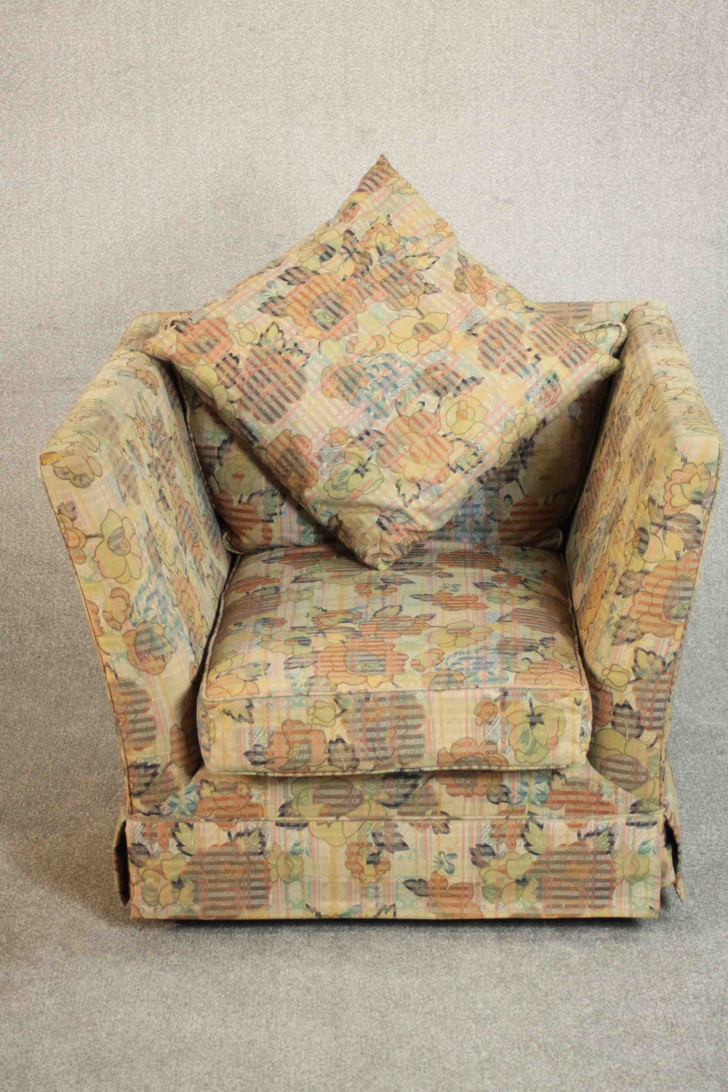 A late 20th century Knole style armchair, upholstered in polychrome foliate fabric. H.70 W.90 D. - Image 4 of 9