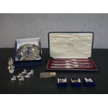 A collection of mixed silver plate, including a cased set of six silver plate Harrods Ltd lobster