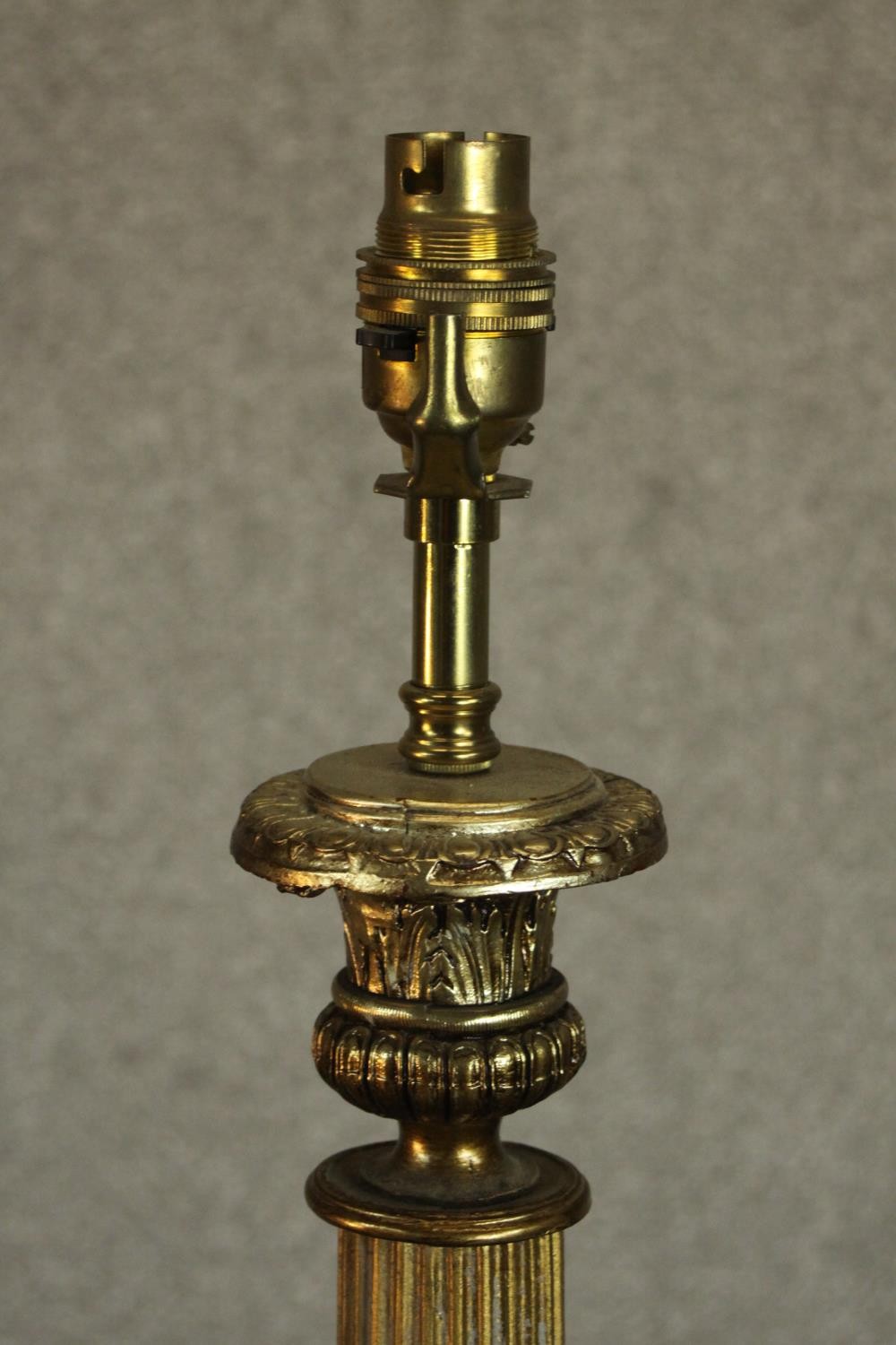 A 20th century brass table lamp of columnar form with a cast tri-form base with lion paw feet. H. - Image 4 of 5