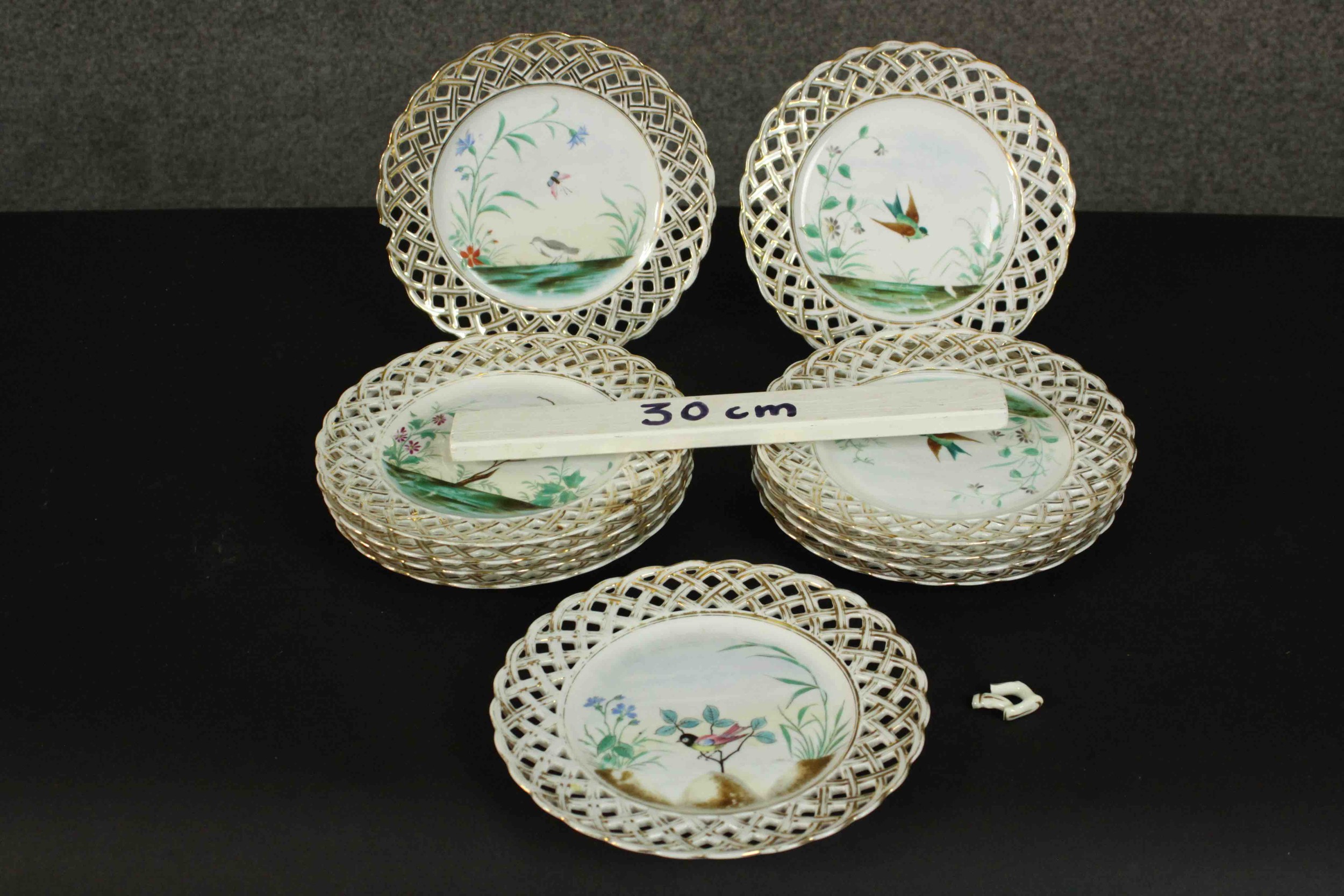 A set of eleven 19th century hand painted porcelain plates with pierced gilded lattice work rims and - Image 2 of 6