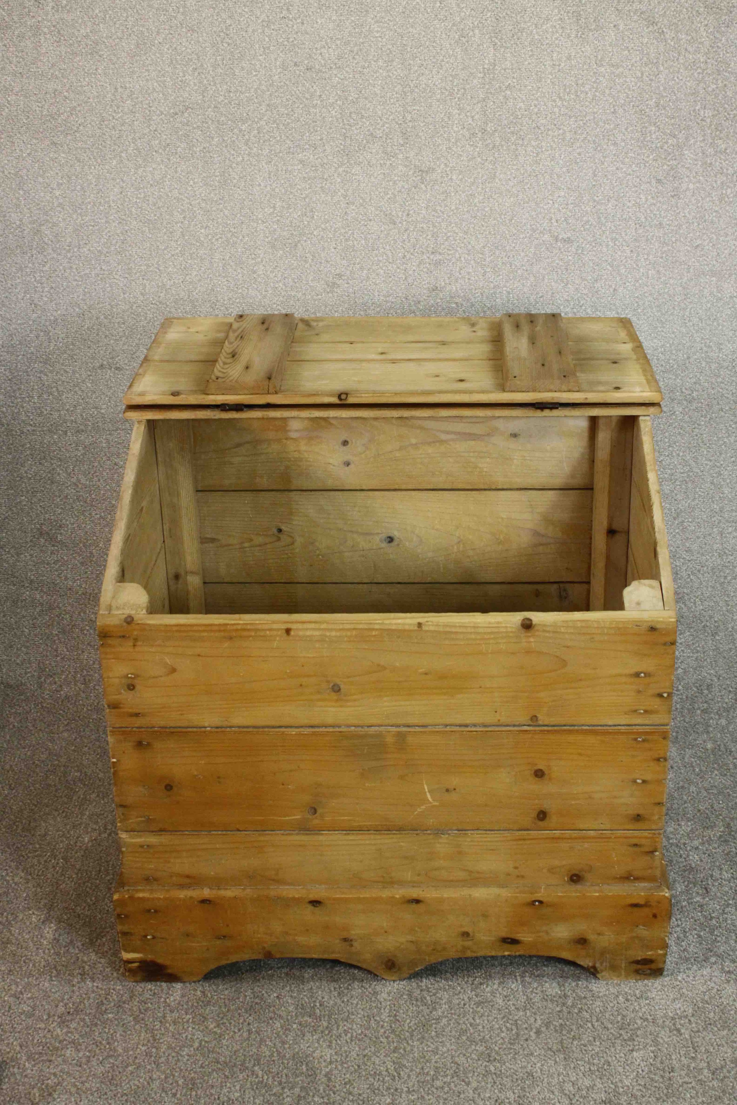 A Continental pine trunk, of plank form with a sloped lid and iron hinges on a shaped plinth base. - Image 3 of 7