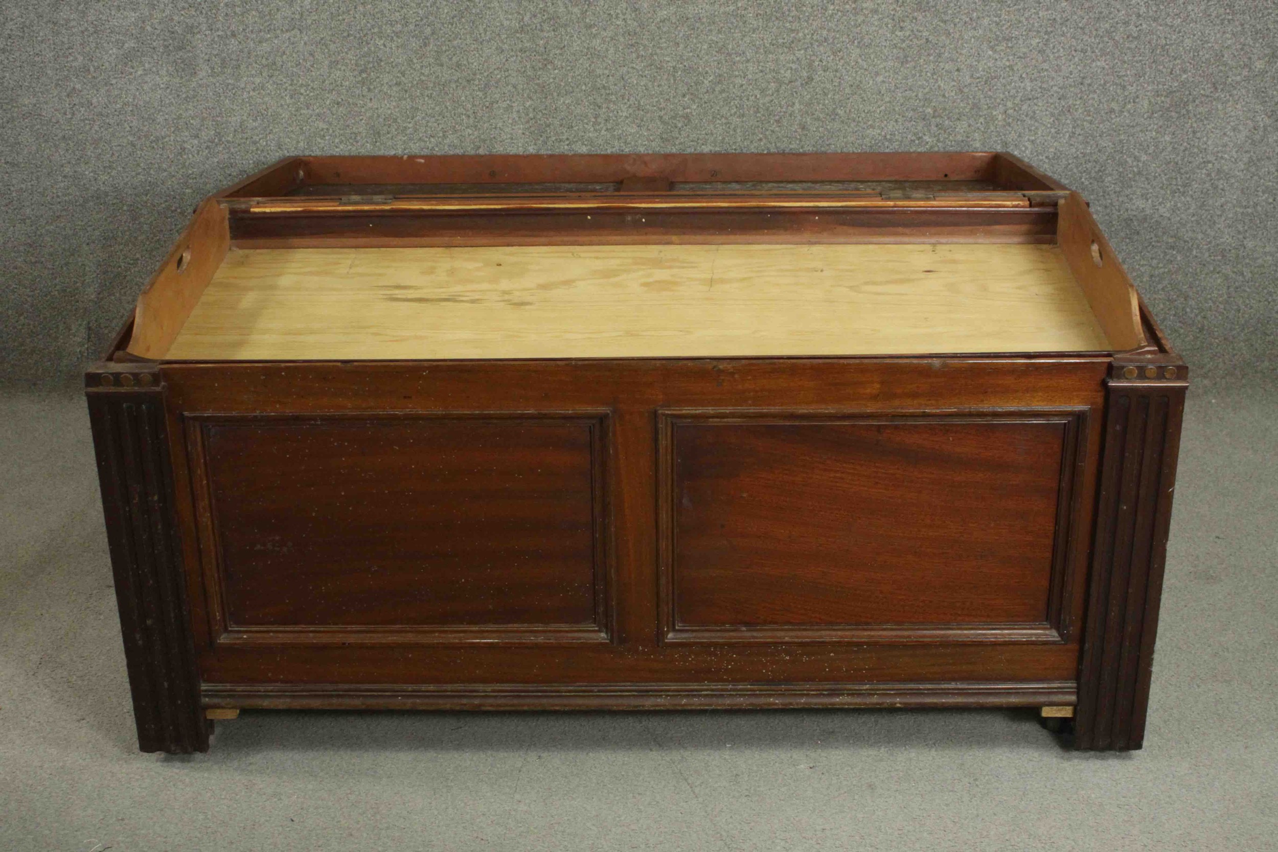 A 19th century mahogany coffer, of rectangular form, the top with a moulded edge, the panelled - Image 3 of 6