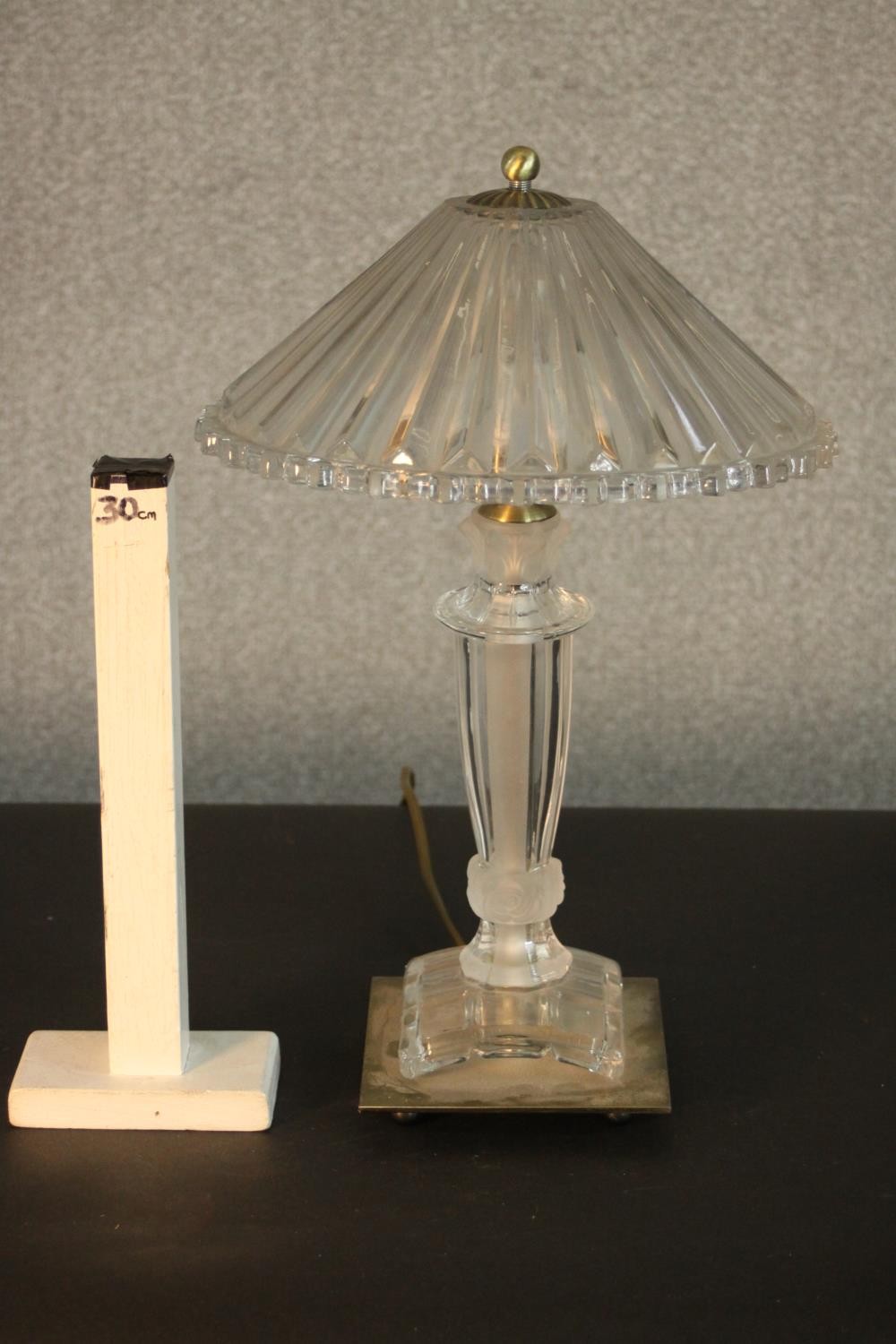 A glass table lamp with a holophane style shade, on a square base. H.45 Dia.28cm. - Image 2 of 6