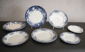 A collection of Chatsworth blue and white floral design plates and Edward Meakin Medworth. Diam.27cm