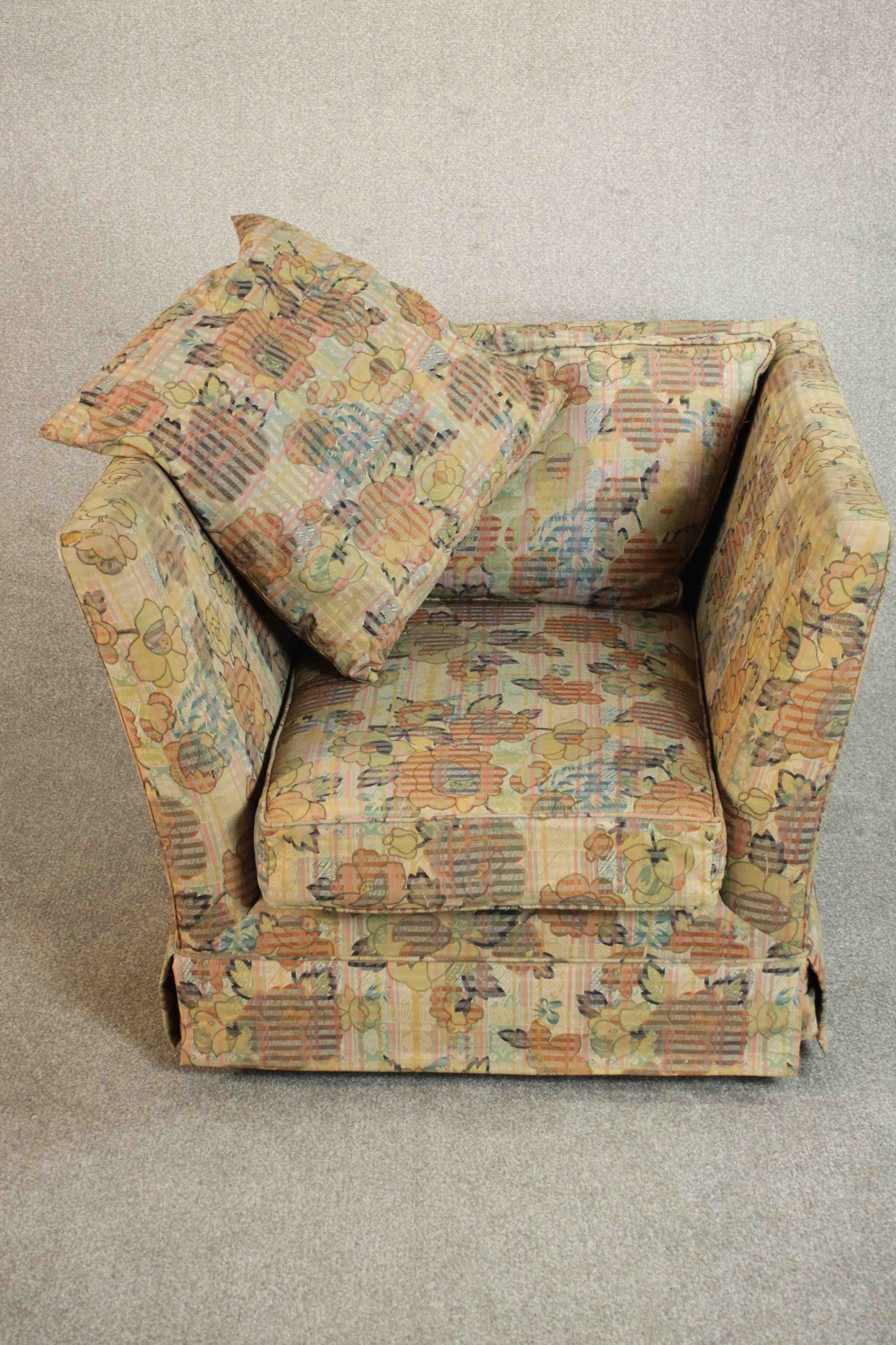 A late 20th century Knole style armchair, upholstered in polychrome foliate fabric. H.70 W.90 D. - Image 3 of 9