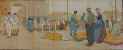Henri Cassiers (1848 - 1944), coloured lithograph, Dutch market scene, framed.