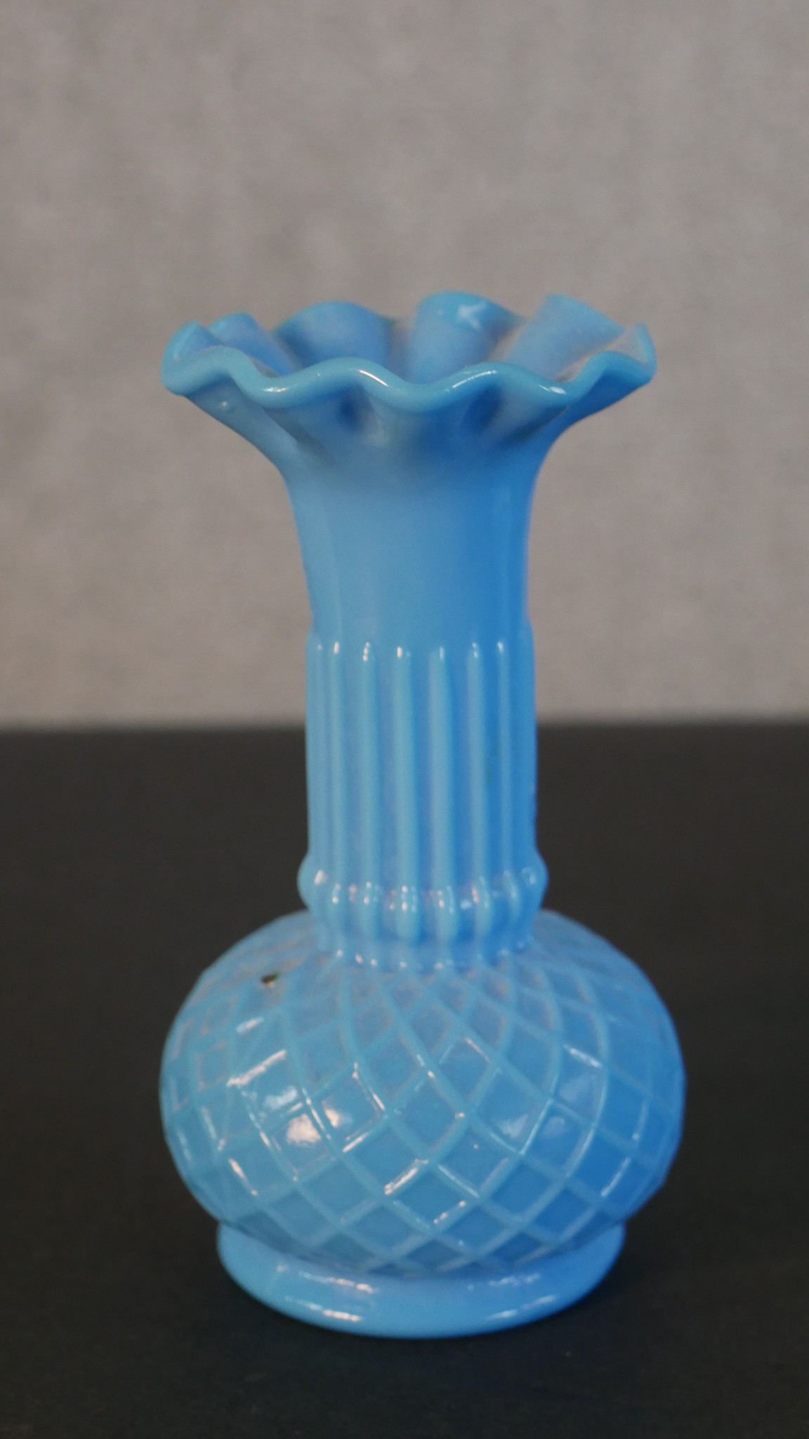 A large Chribska Czech studio cranberry glass vase along with two pressed opaline blue glass pieces. - Image 5 of 6