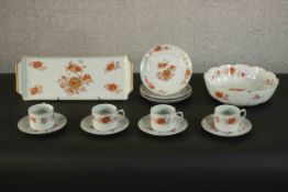 A Portugese Vista Allegre Pratochin Rust Orange and gilded porcelain four person tea set.