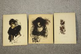 Three unframed ink drawings of figural studies, indistinctly signed. H.28 W.21cm.