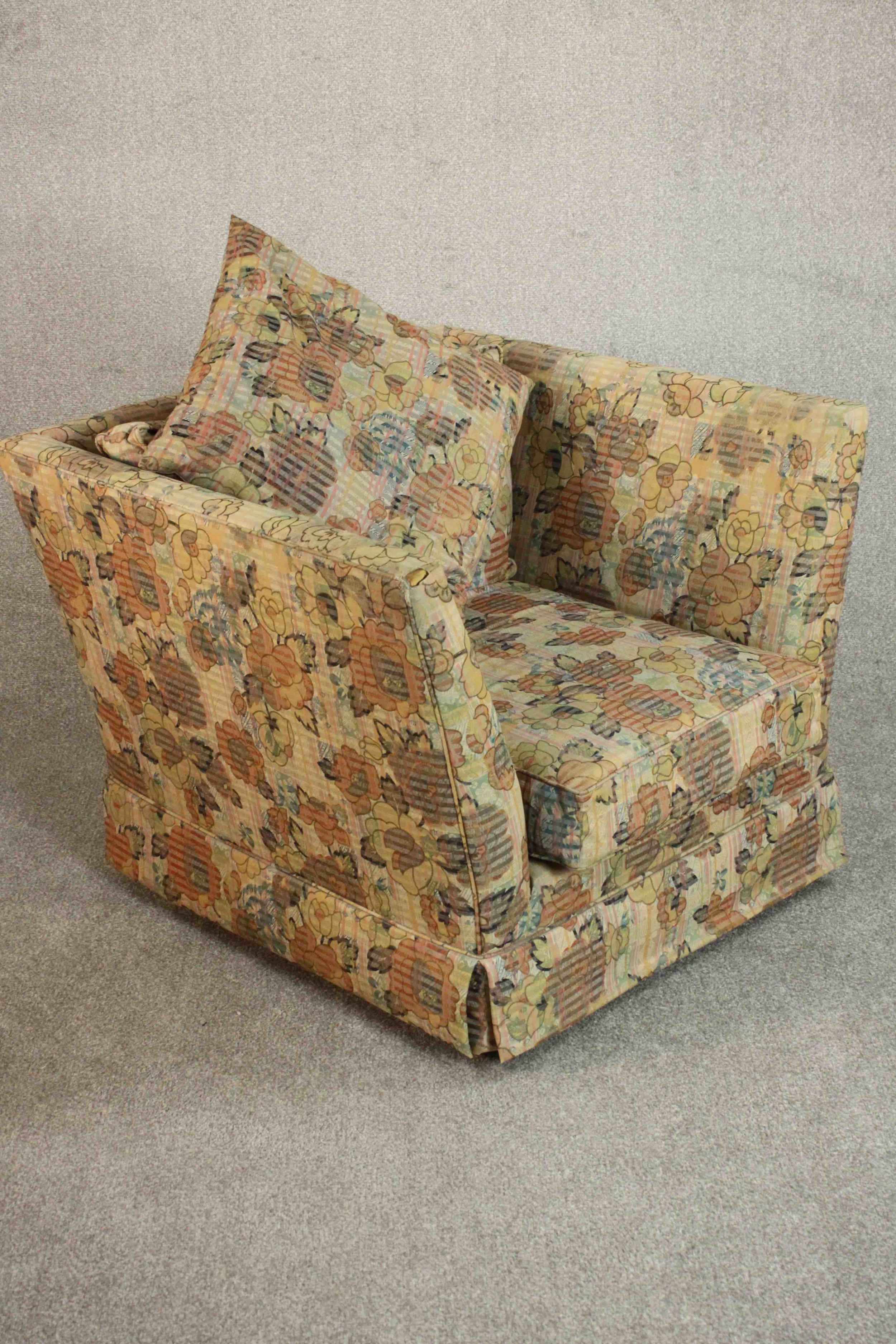 A late 20th century Knole style armchair, upholstered in polychrome foliate fabric. H.70 W.90 D. - Image 5 of 9
