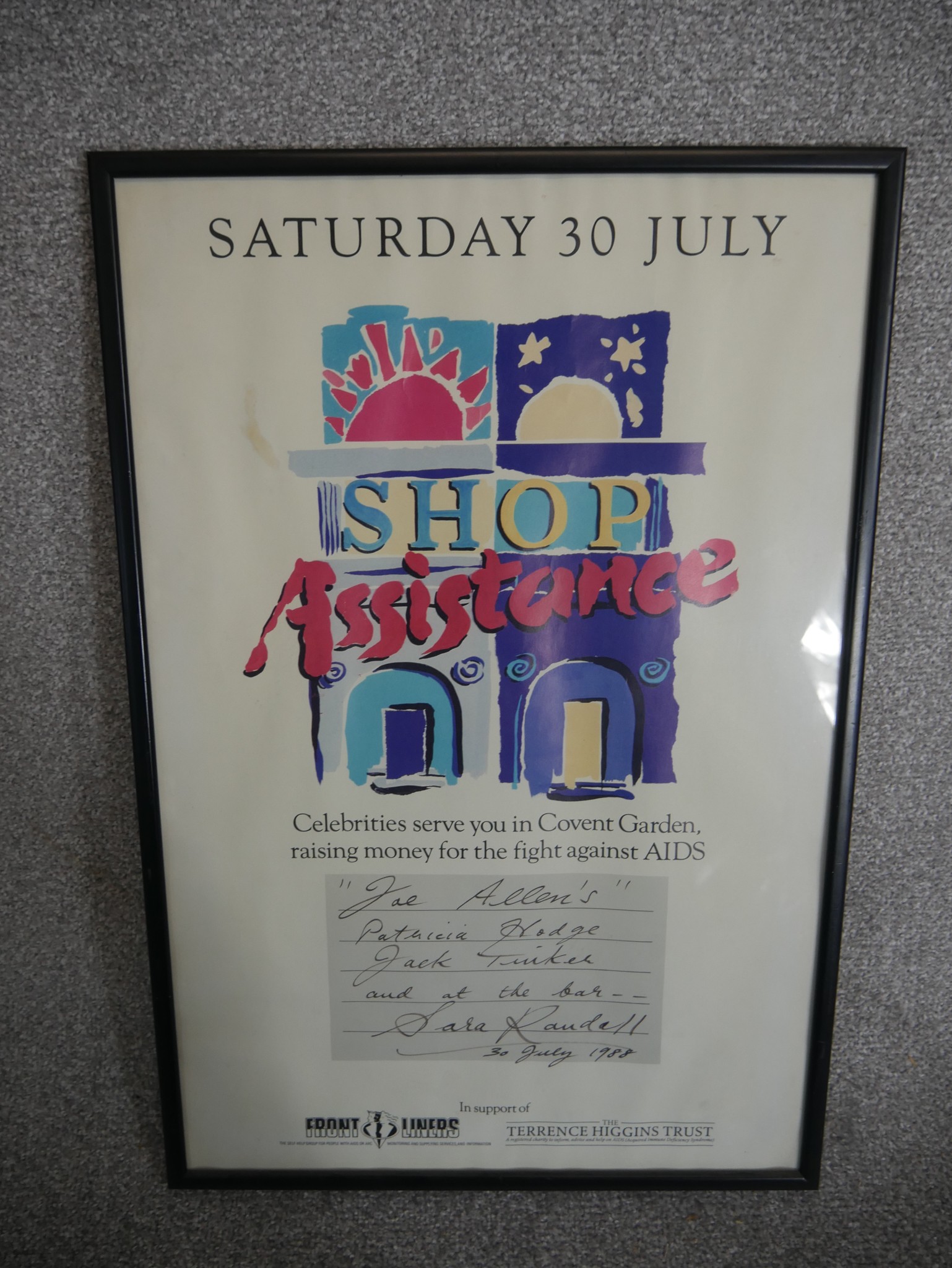 Shop Assistance, Saturday 30th July 1988 poster 'Celebrities serve you in Covent Garden raising